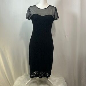 SCARLETT Black Lace Sheer Mesh‎ Bodycon Midi Cocktail Dress Size 6